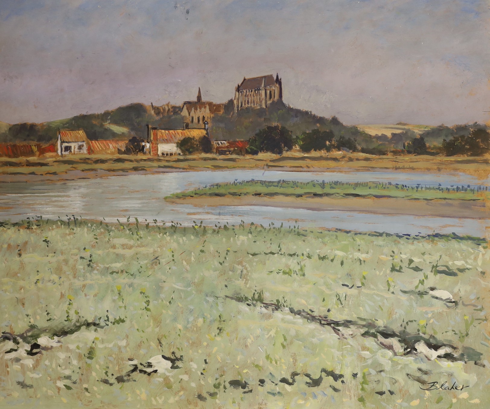 Michael Blaker (1928-2018) - Lancing College from the river Arun, oil on board, signed, unframed, 51 x 61cms.